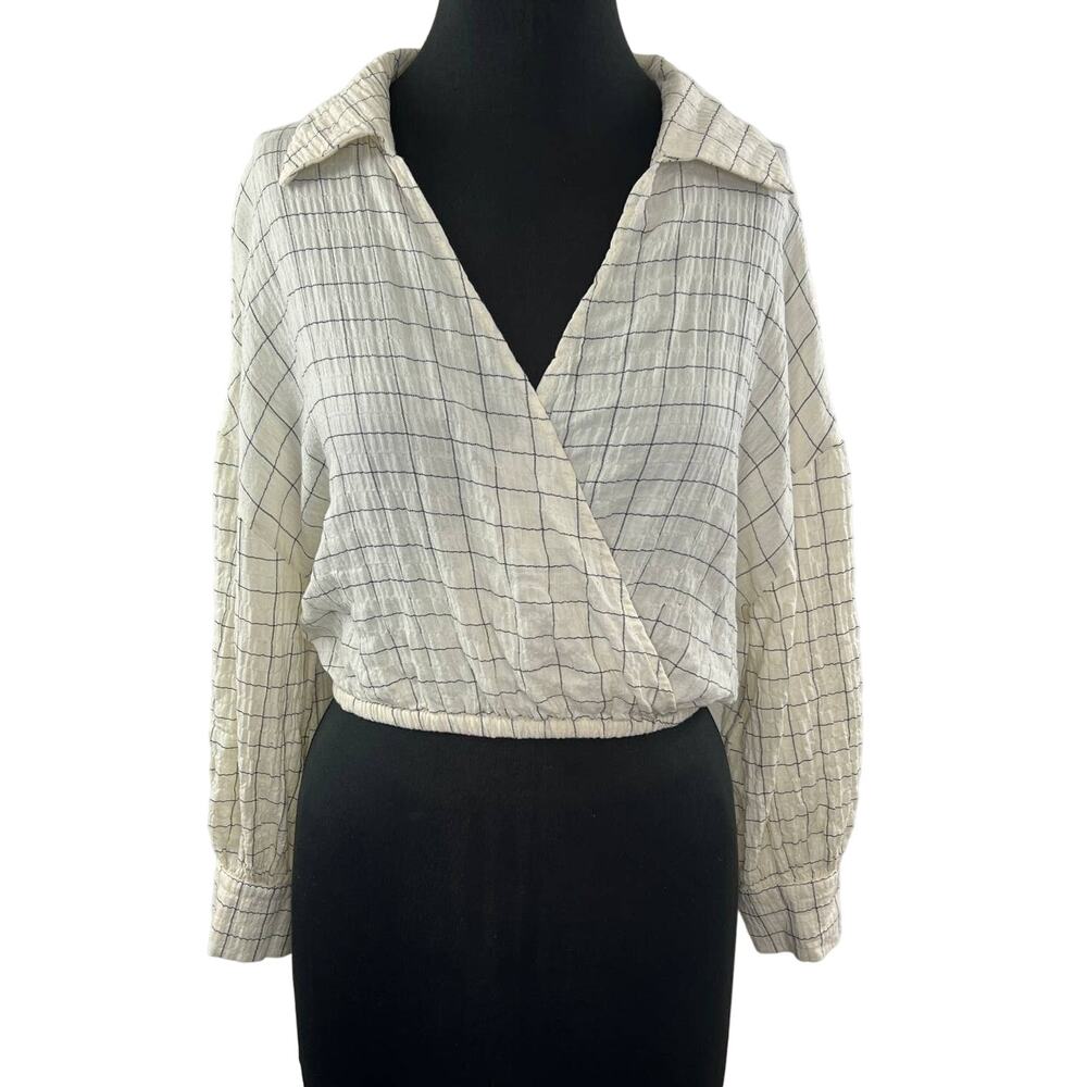ZARA Cream Plaid V-Neck Long Sleeve Cropped Collar Wrap Top Blouse Shirt S